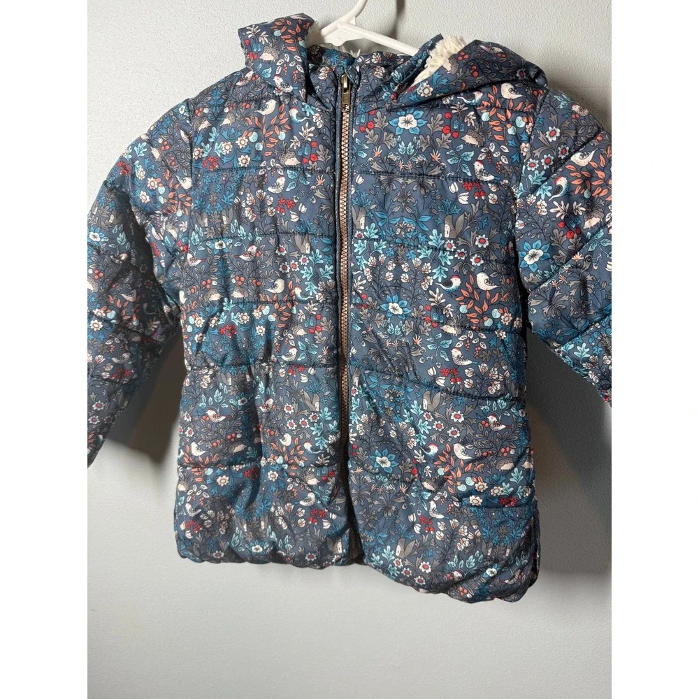 NEXT Girls Puffer Jacket 5/6 Blue Floral Bird Hedgehog Sherpa Lined Hood Zip